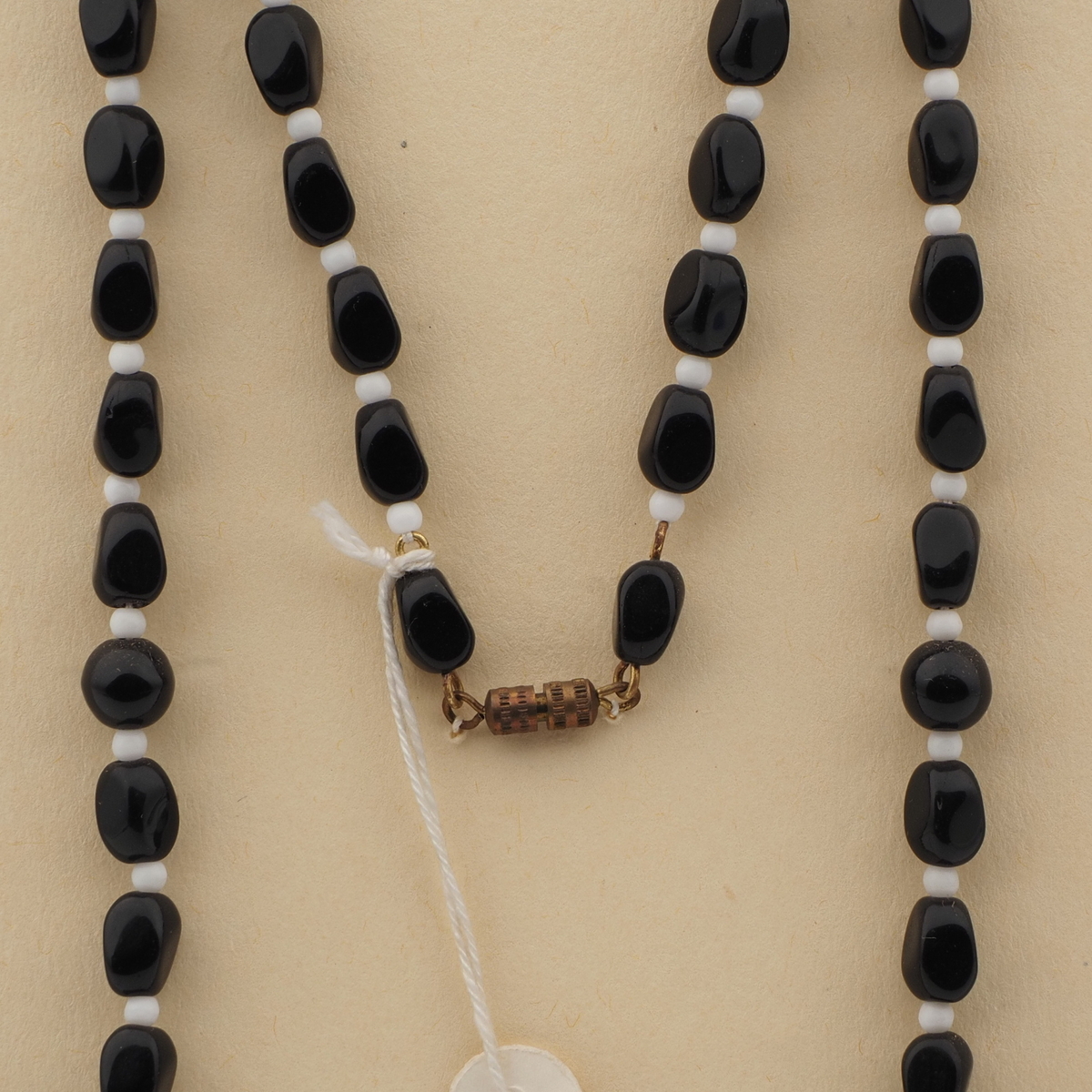 Vintage Czech necklace black round rectangle glass beads 27"