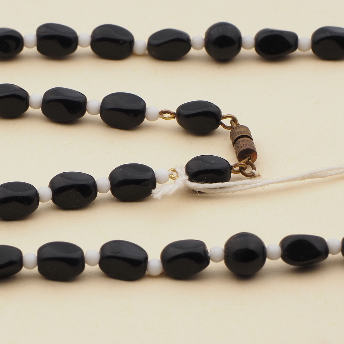 Vintage Czech necklace black round rectangle glass beads 27"