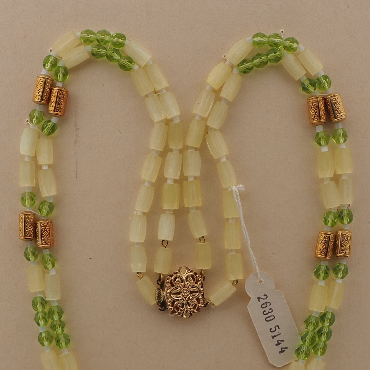 Vintage Czech 2 strand necklace yellow satin atlas green glass beads 