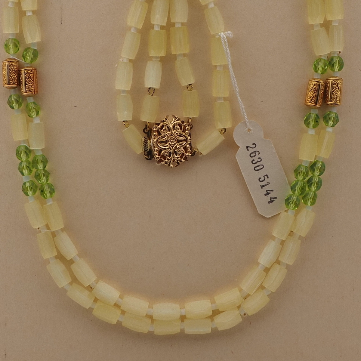 Vintage Czech 2 strand necklace yellow satin atlas green glass beads 