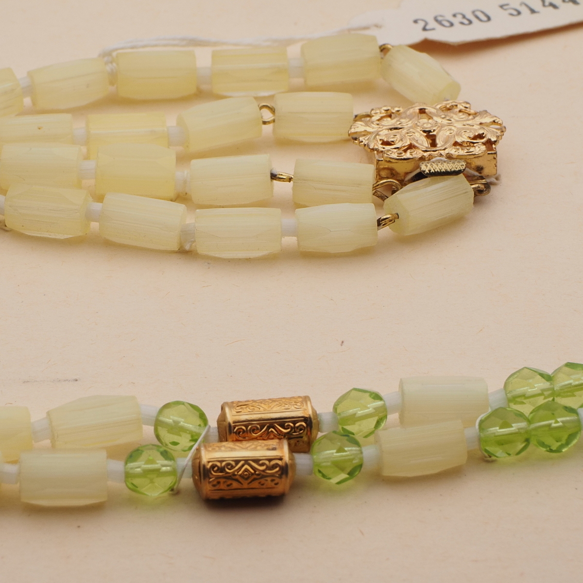 Vintage Czech 2 strand necklace yellow satin atlas green glass beads 