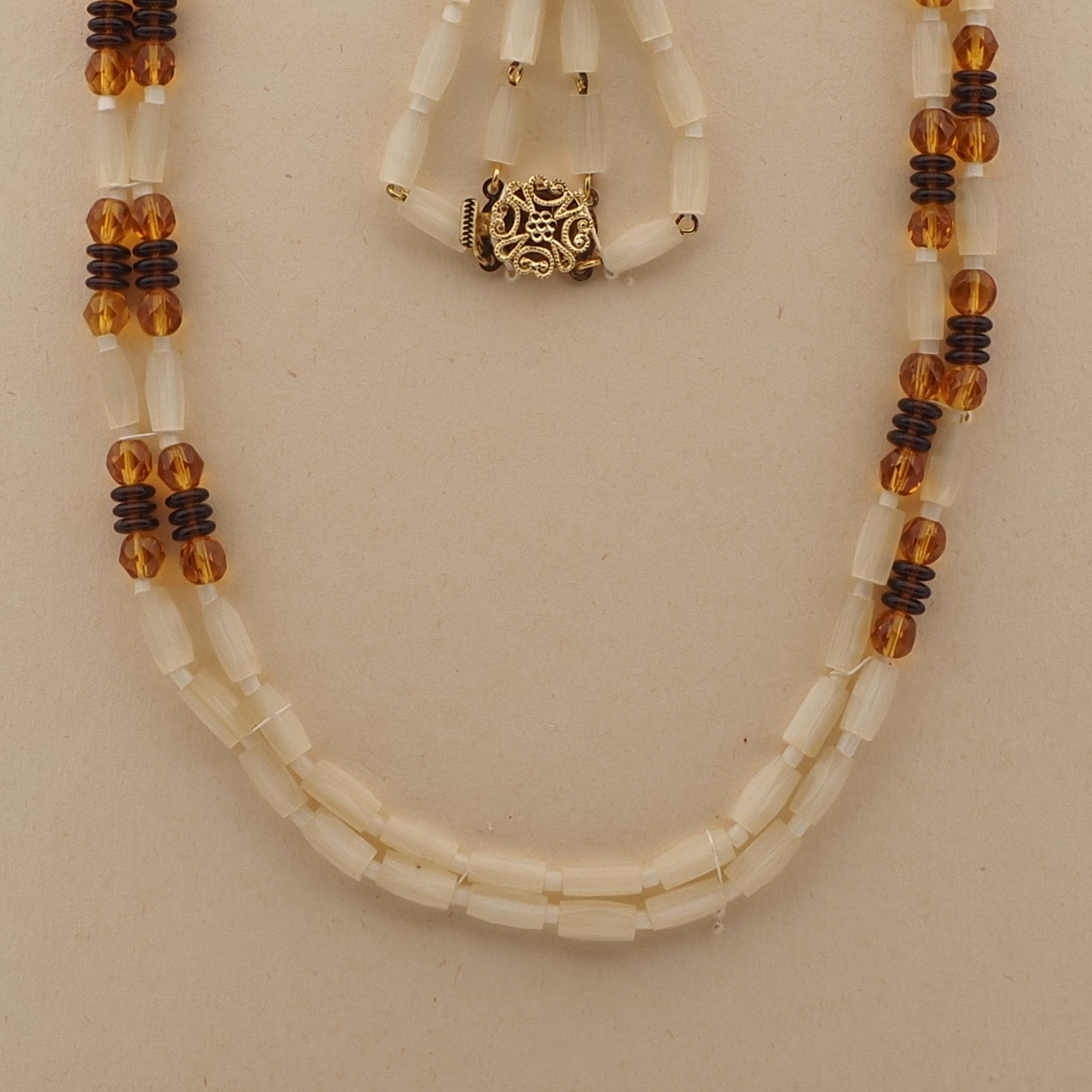 Vintage Czech 2 strand necklace satin atlas topaz glass beads 