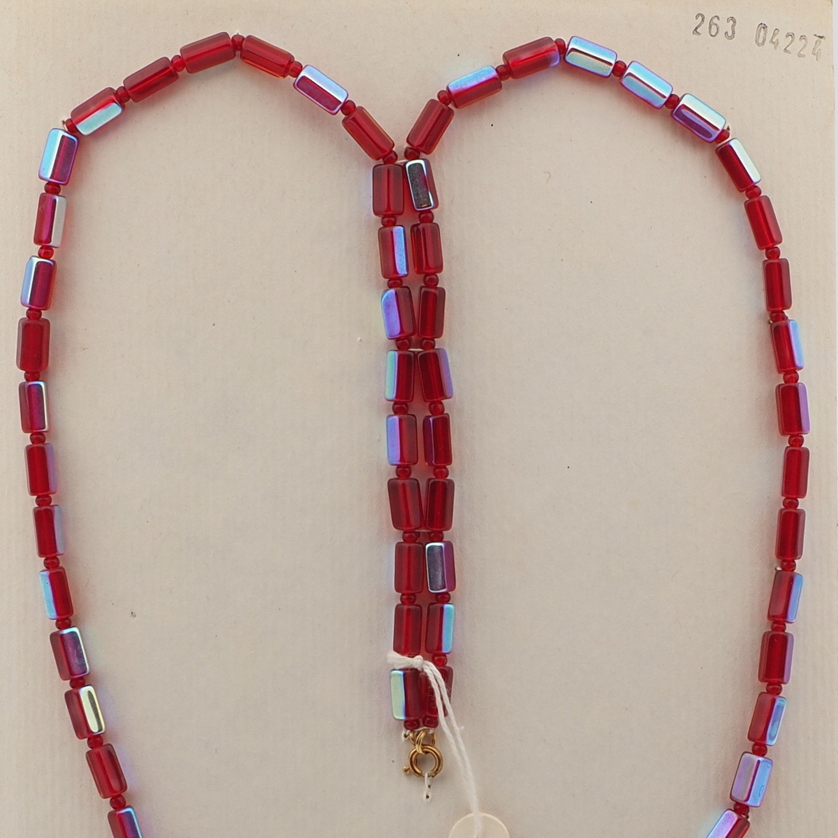 Vintage Czech necklace vitrail red pentagon glass beads 30"