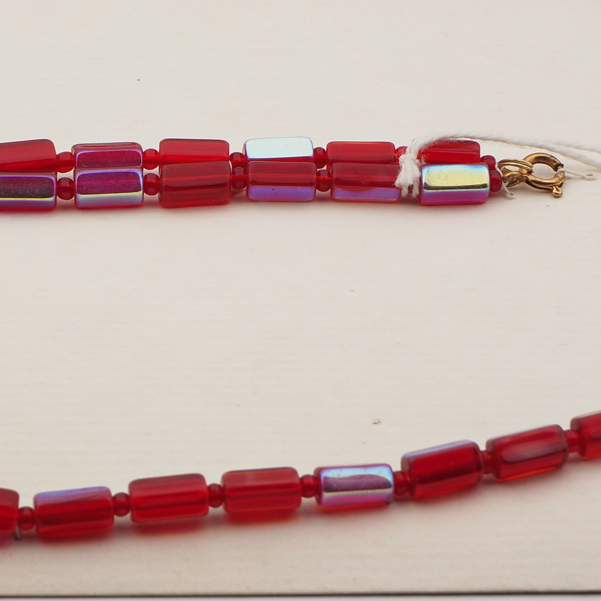 Vintage Czech necklace vitrail red pentagon glass beads 30"