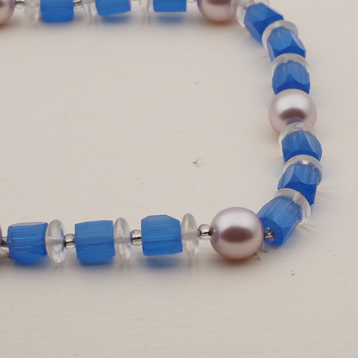 Vintage Czech necklace pearl clear blue satin atlas glass beads 