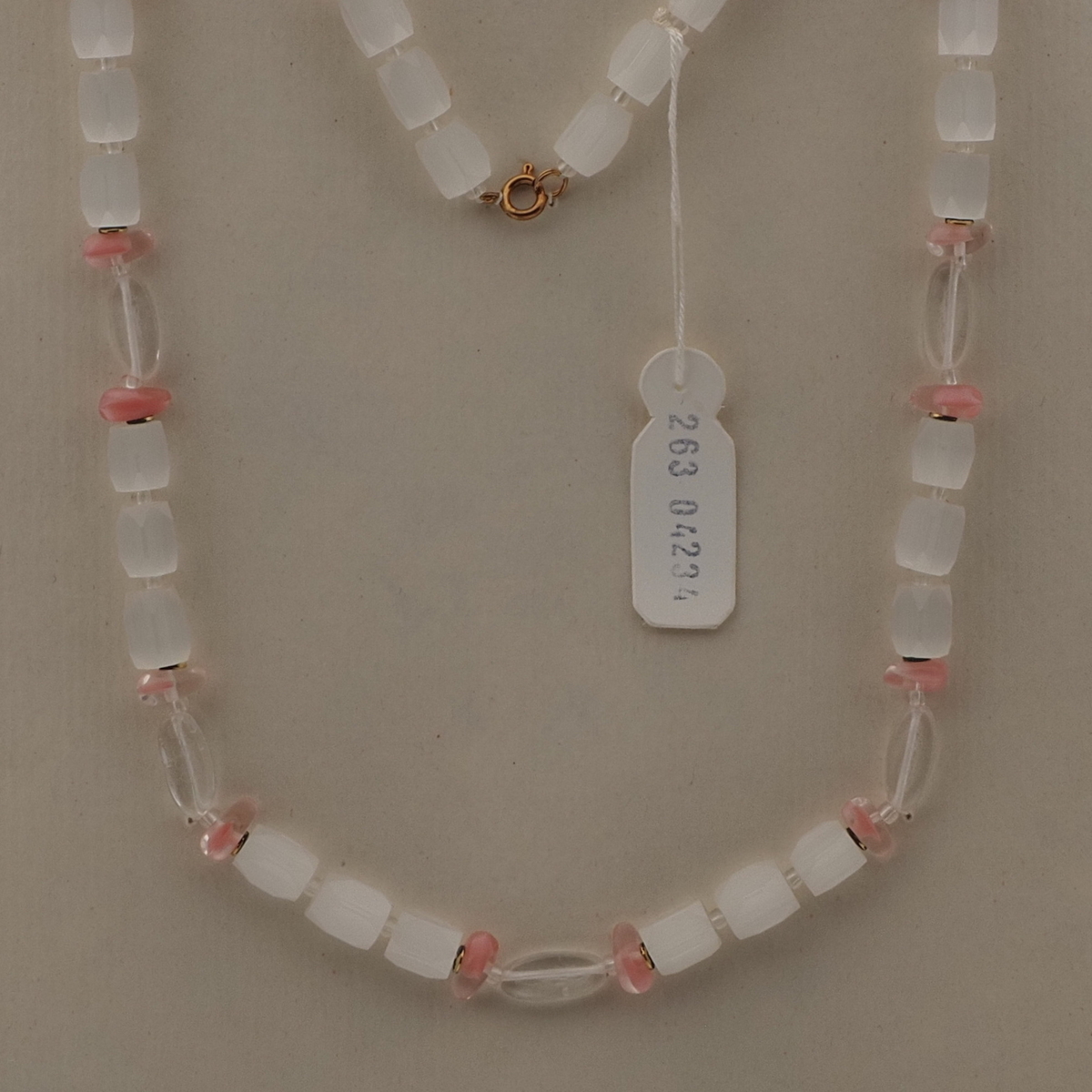 Vintage Czech necklace frost satin atlas clear pink bicolor glass beads 