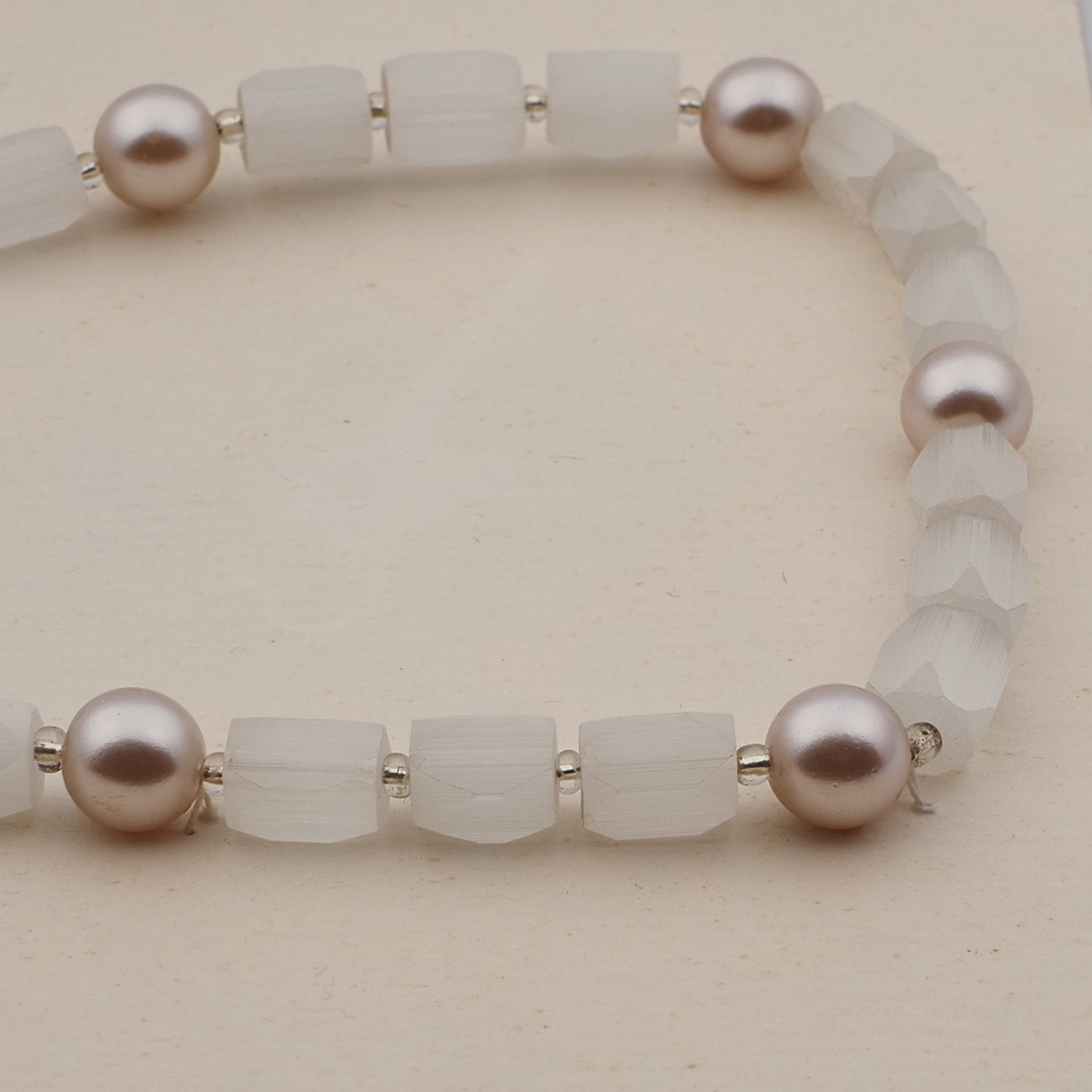 Vintage Czech necklace pearl frost satin atlas clear glass beads 18"