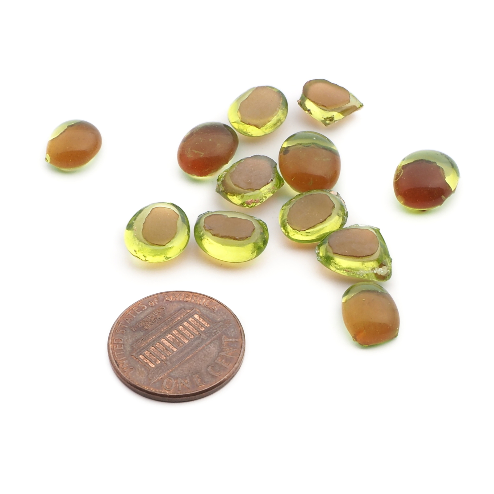 Lot (12) Czech antique green glass cabochon drops craft supplies 10-12mm