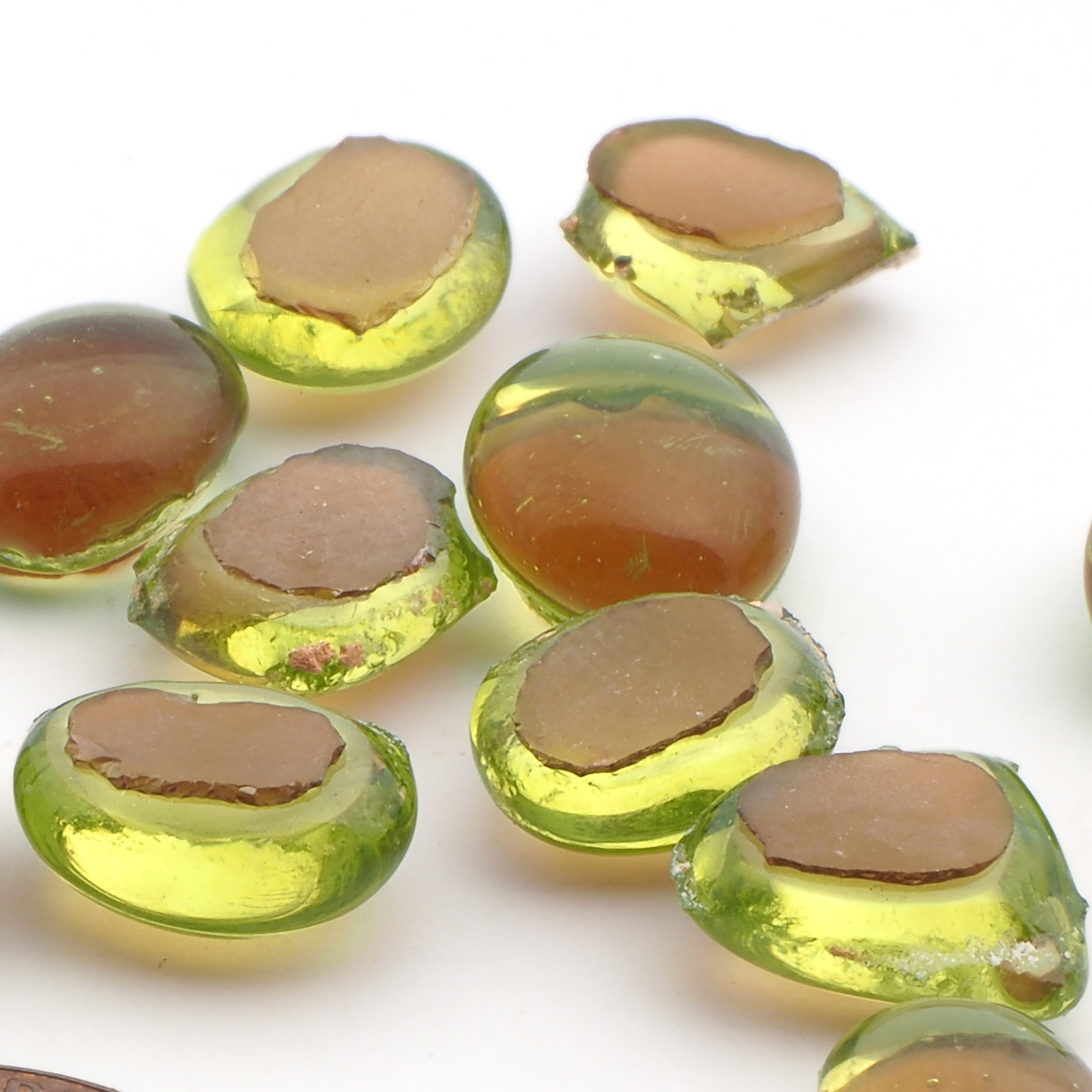 Lot (12) Czech antique green glass cabochon drops craft supplies 10-12mm