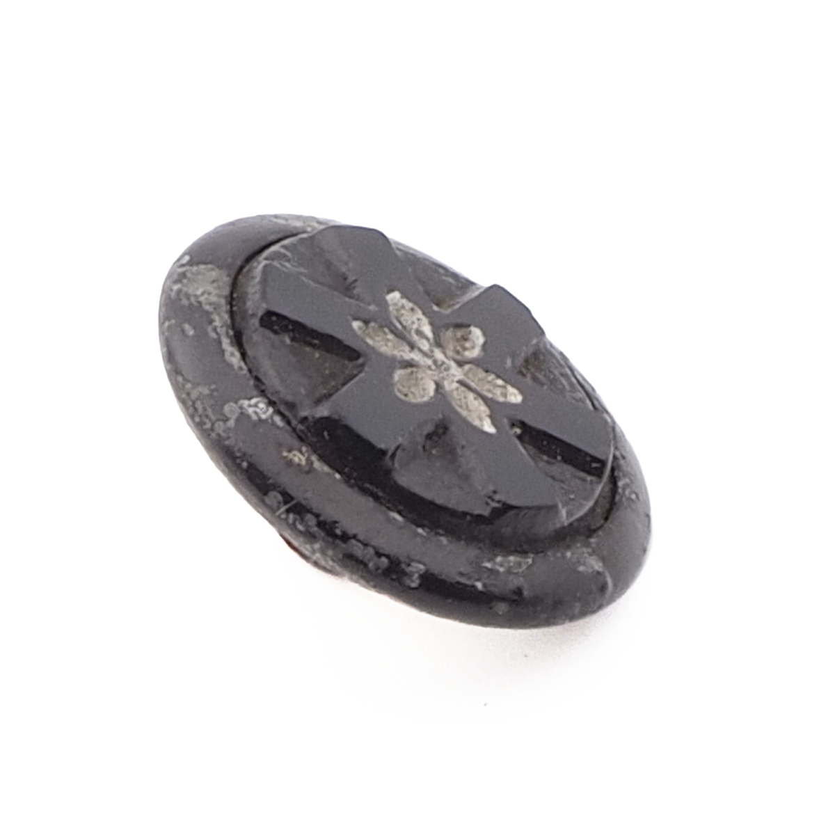 Vintage Czech 2 part metal mounted etched flower black star glass cabochon button 14mm