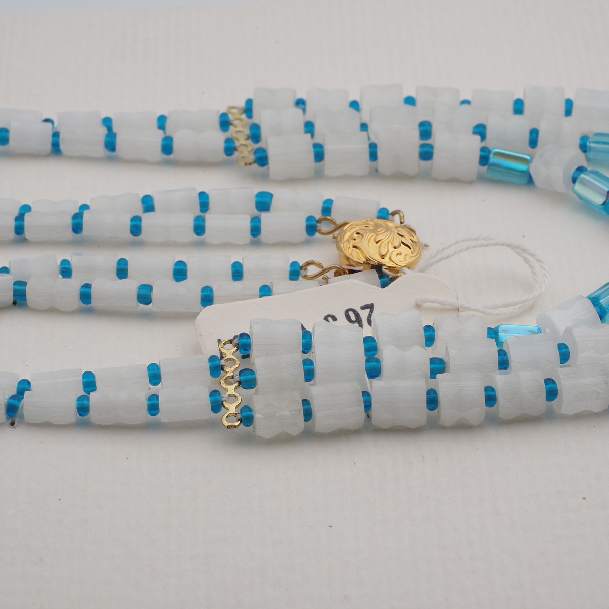 Vintage Czech 2 to 3 strand necklace satin atlas blue vitrail glass beads