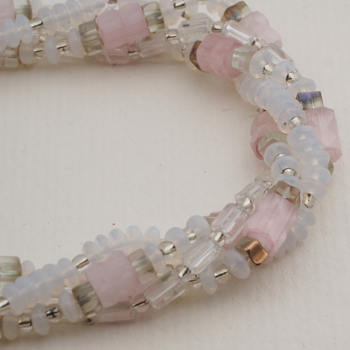 Vintage Czech 1 to 4 strand necklace pink satin atlas clear opaline glass beads