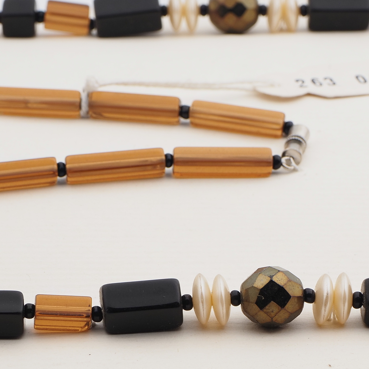 Vintage Czech necklace black topaz bronze pearl glass beads