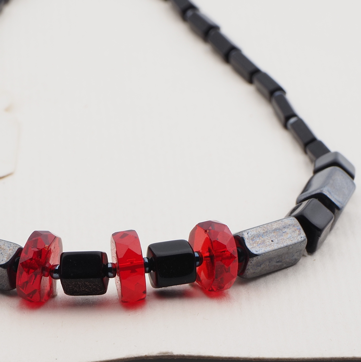 Vintage Czech necklace black silver lustre red glass beads