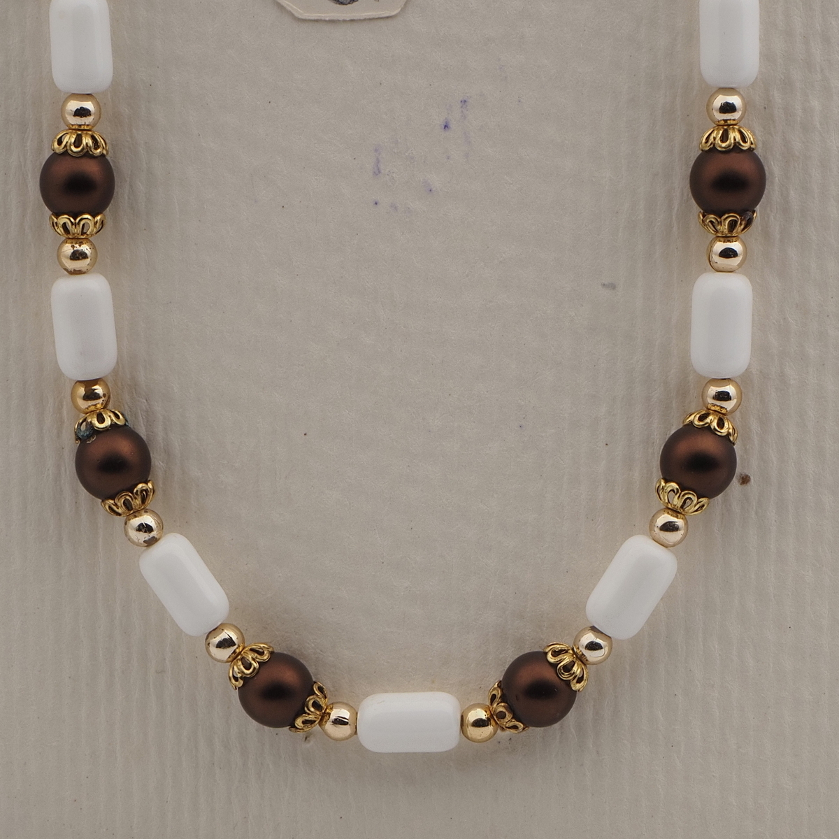 Vintage Czech necklace element glasses holder white brown glass beads 24"
