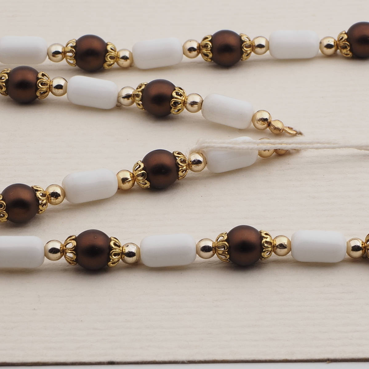 Vintage Czech necklace element glasses holder white brown glass beads 24"