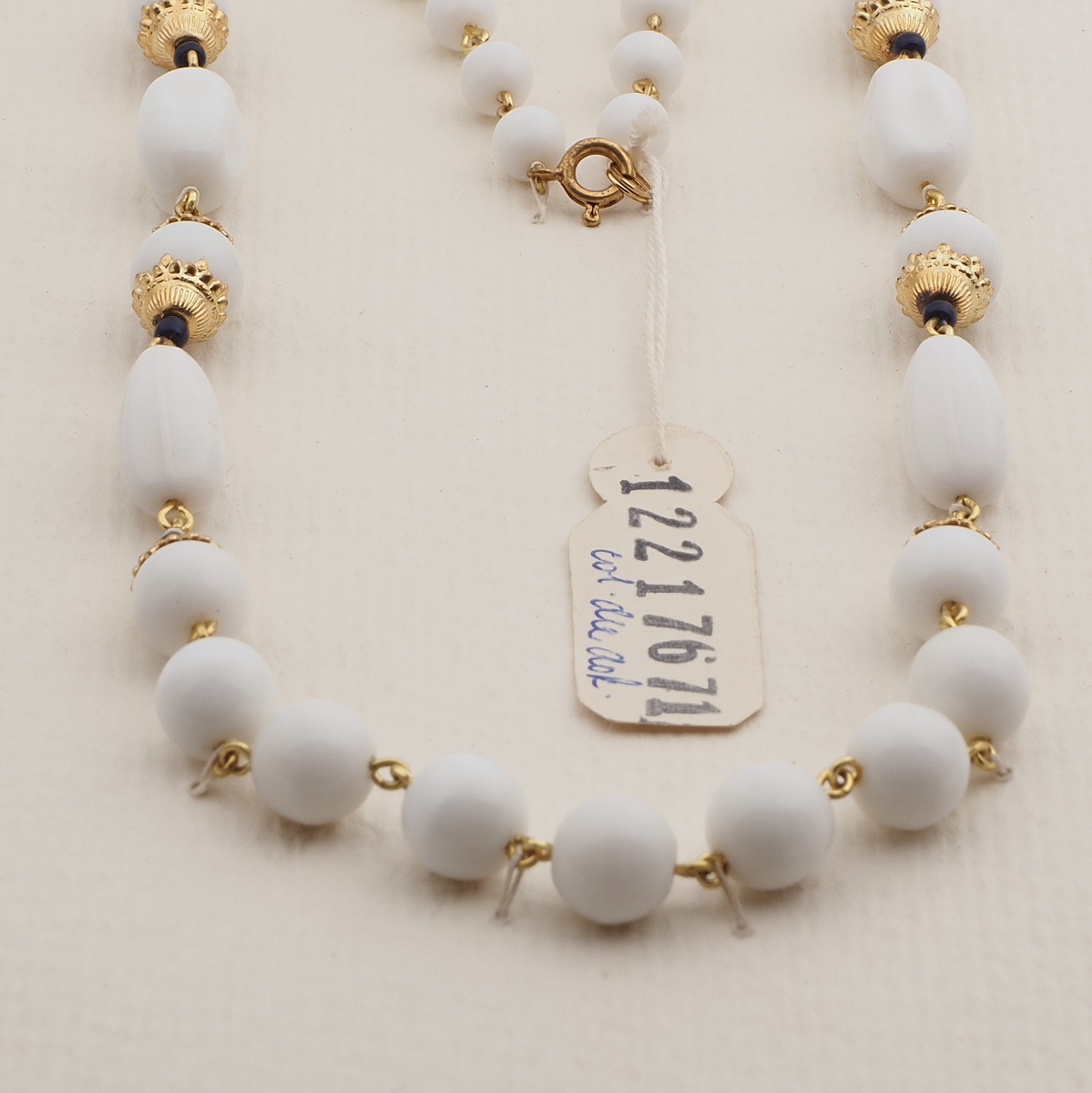 Vintage Czech link chain necklace white glass beads 