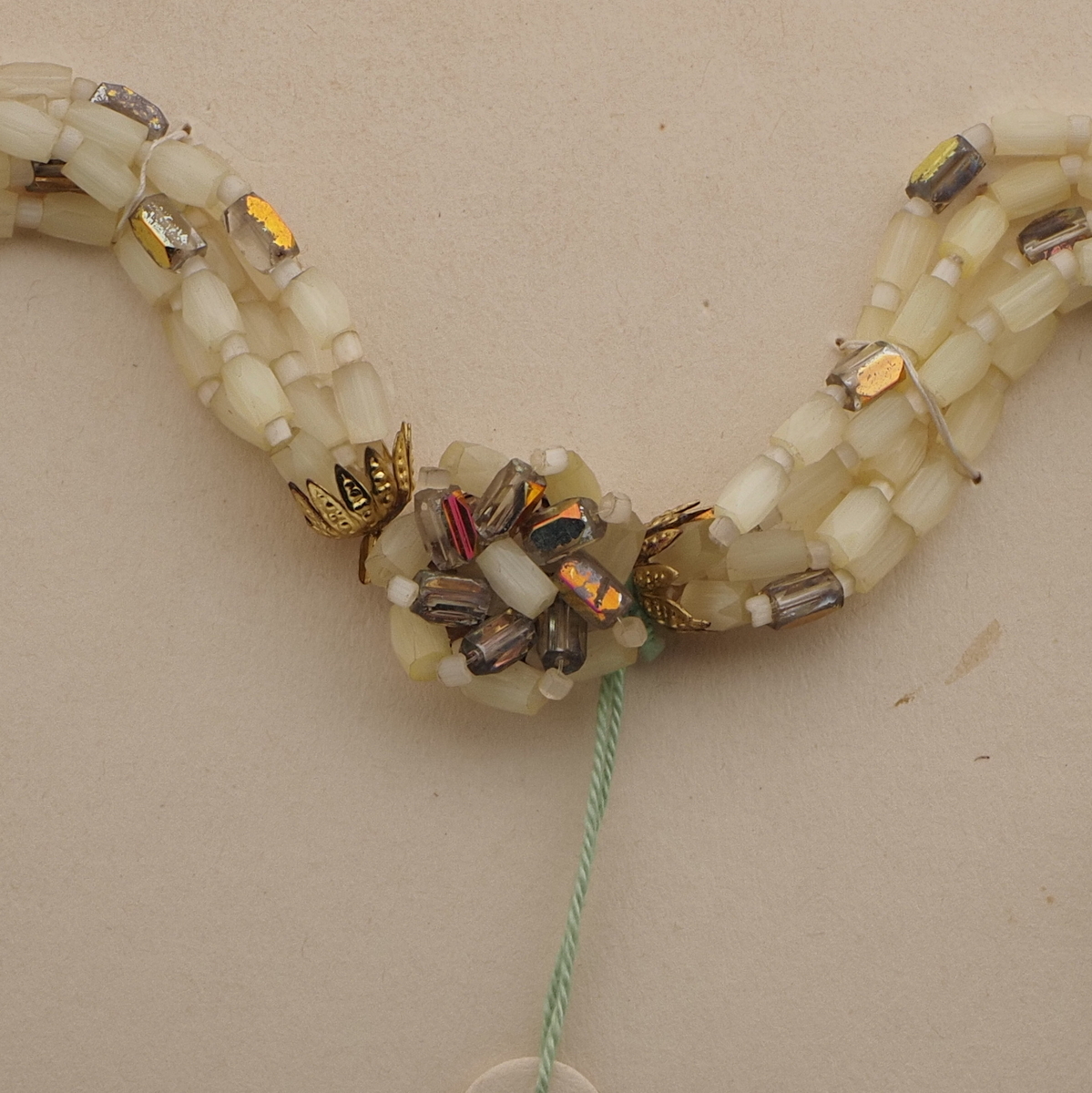Vintage Czech 5 strand necklace yellow satin atlas vitrail glass beads