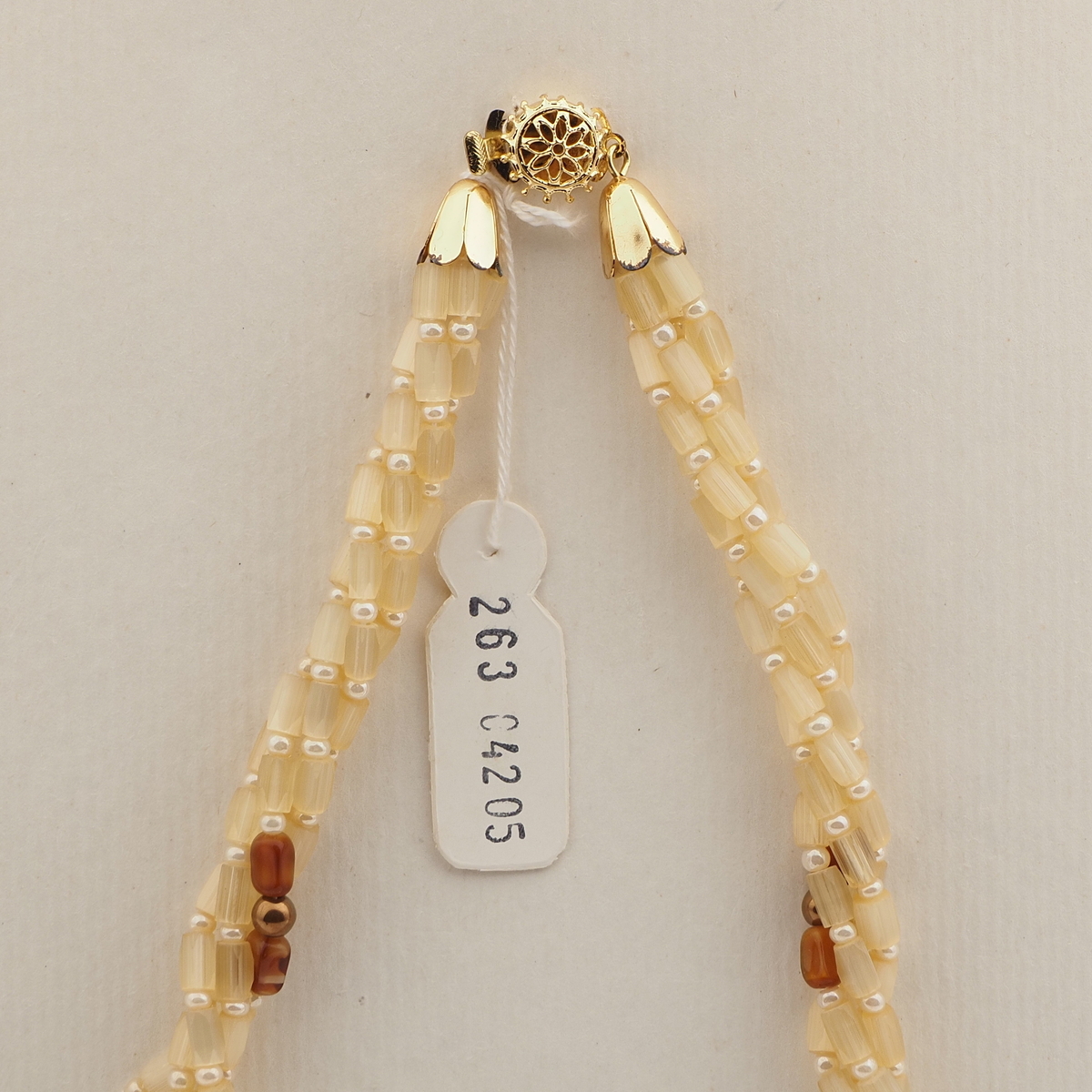 Vintage Czech 4 strand necklace yellow satin atlas marble glass beads