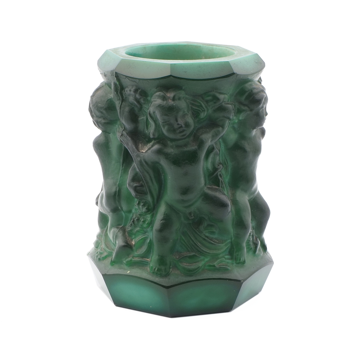 Vintage 1930's Czech Schlevogt Ingrid " cherubs" malachite green glass vase