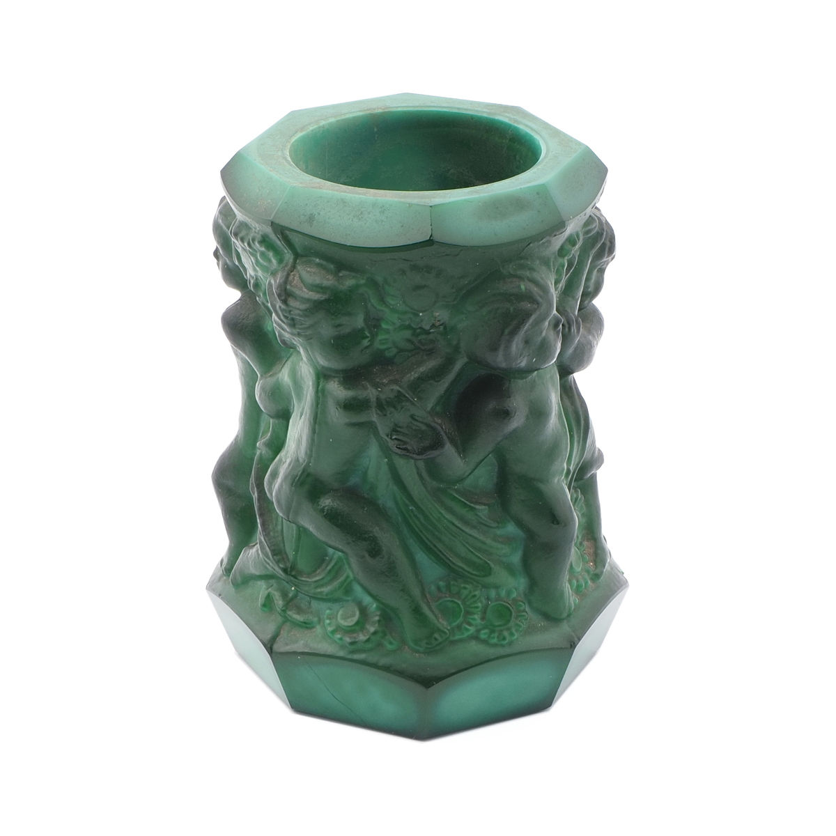 Vintage 1930's Czech Schlevogt Ingrid " cherubs" malachite green glass vase