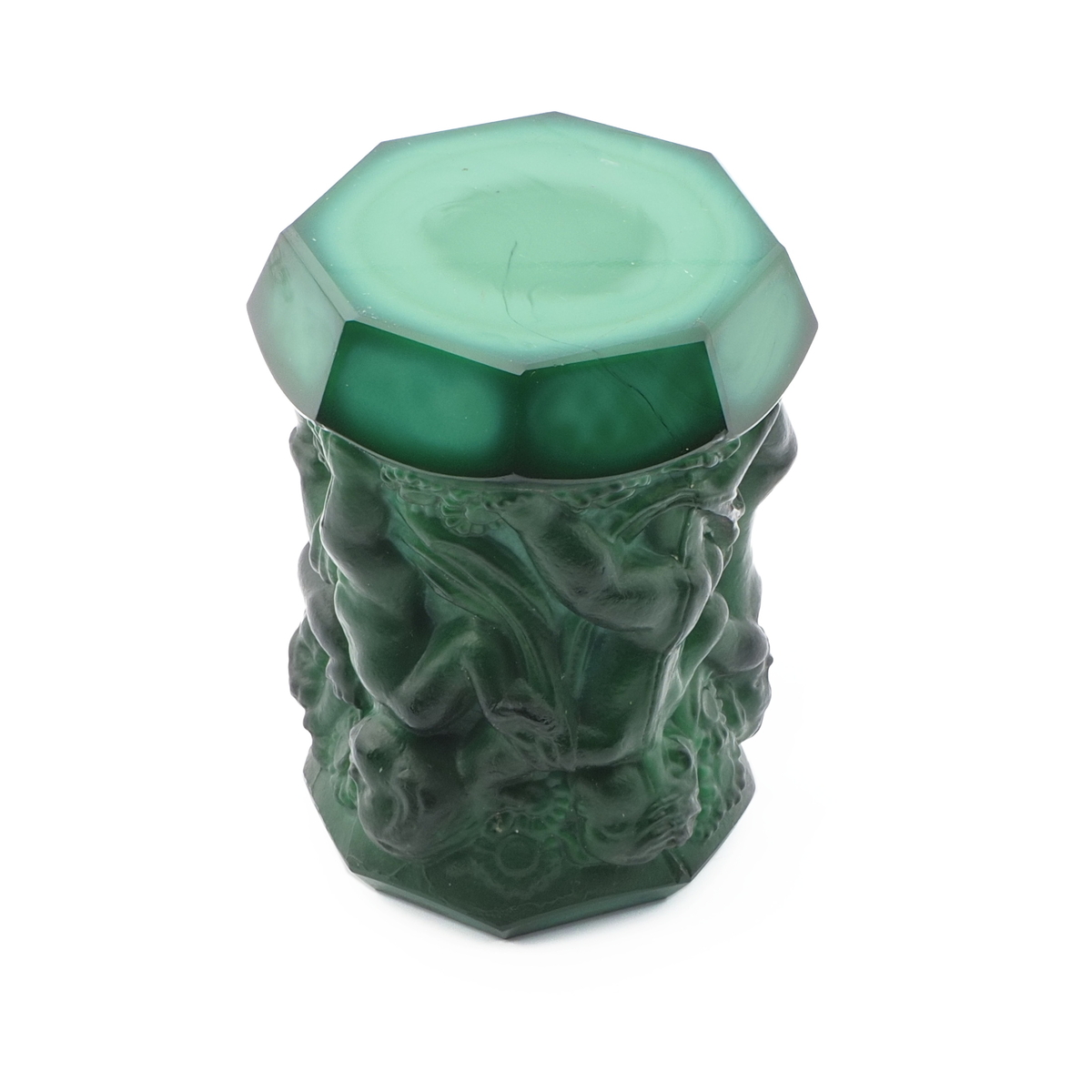 Vintage 1930's Czech Schlevogt Ingrid " cherubs" malachite green glass vase