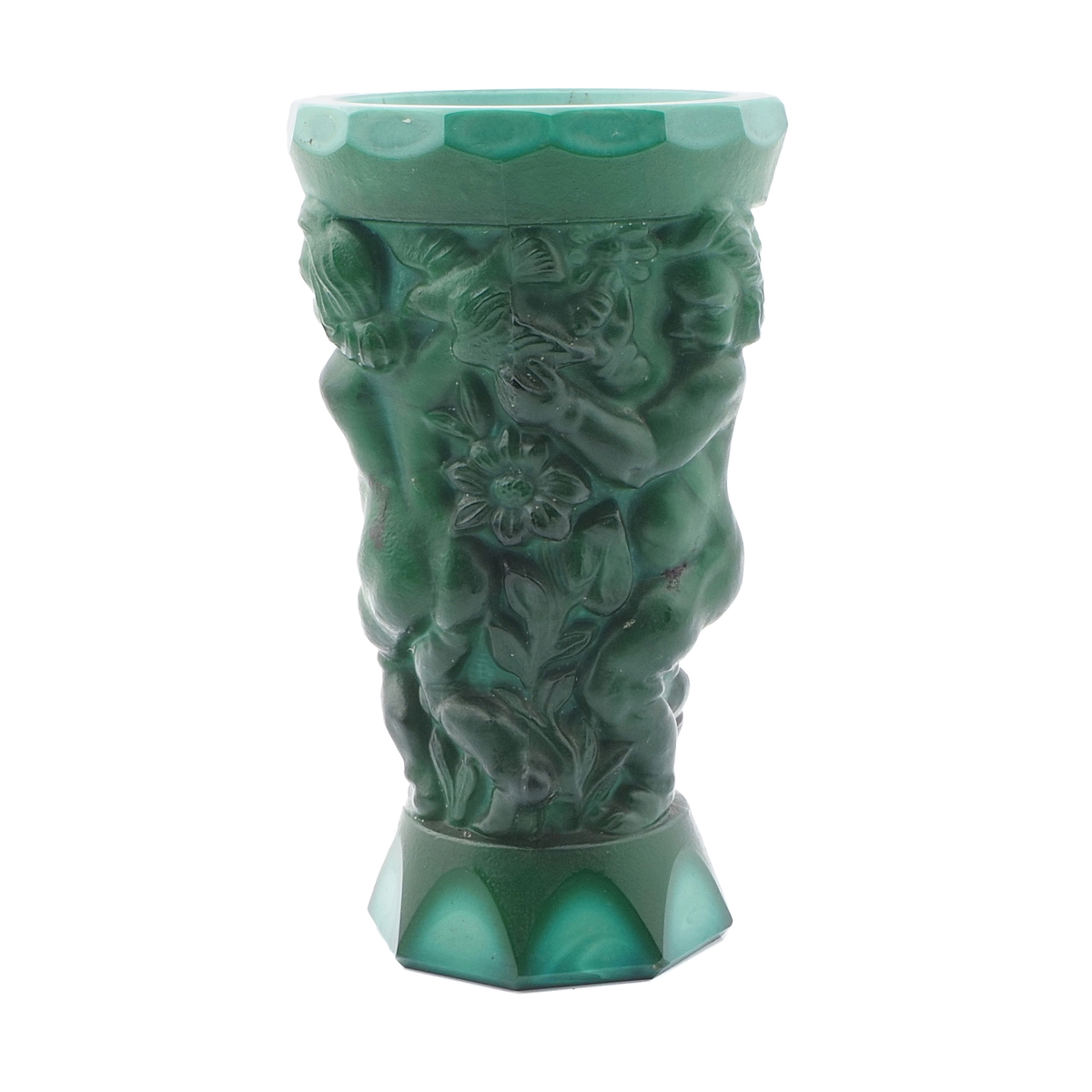 Vintage 1930's Czech Schlevogt Ingrid malachite green glass vase cherubs and birds