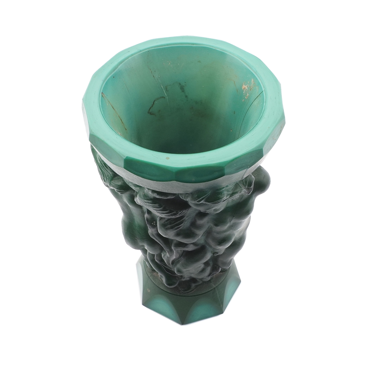 Vintage 1930's Czech Schlevogt Ingrid malachite green glass vase cherubs and birds