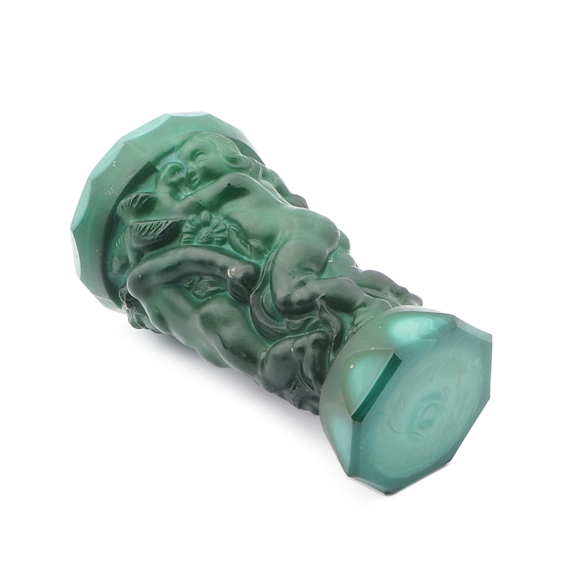 Vintage 1930's Czech Schlevogt Ingrid malachite green glass vase cherubs and birds