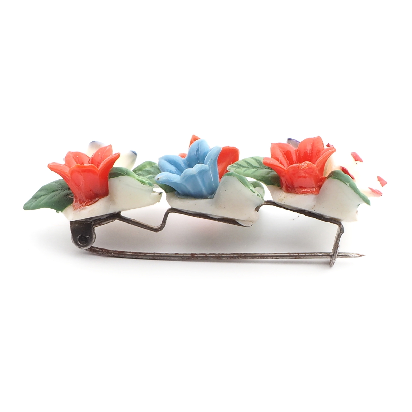 Vintage Art Deco flowers and leaves early celluloid hand painted pin brooch
