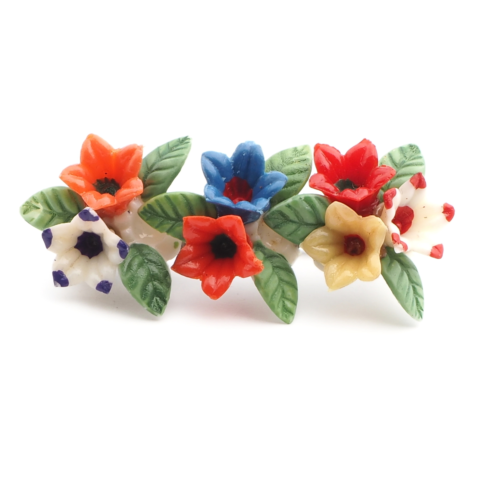 Vintage Bohemian early celluloid flowers and leaves pin brooch