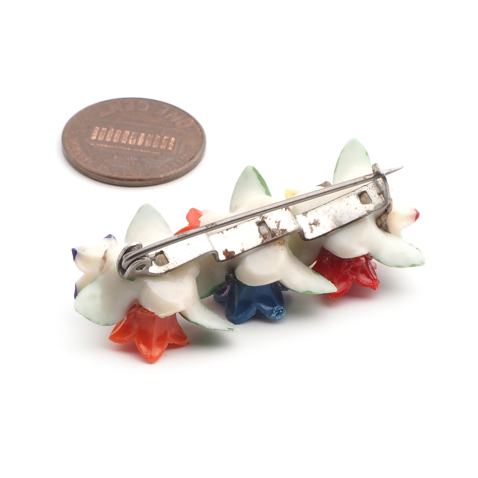Vintage Bohemian early celluloid flowers and leaves pin brooch