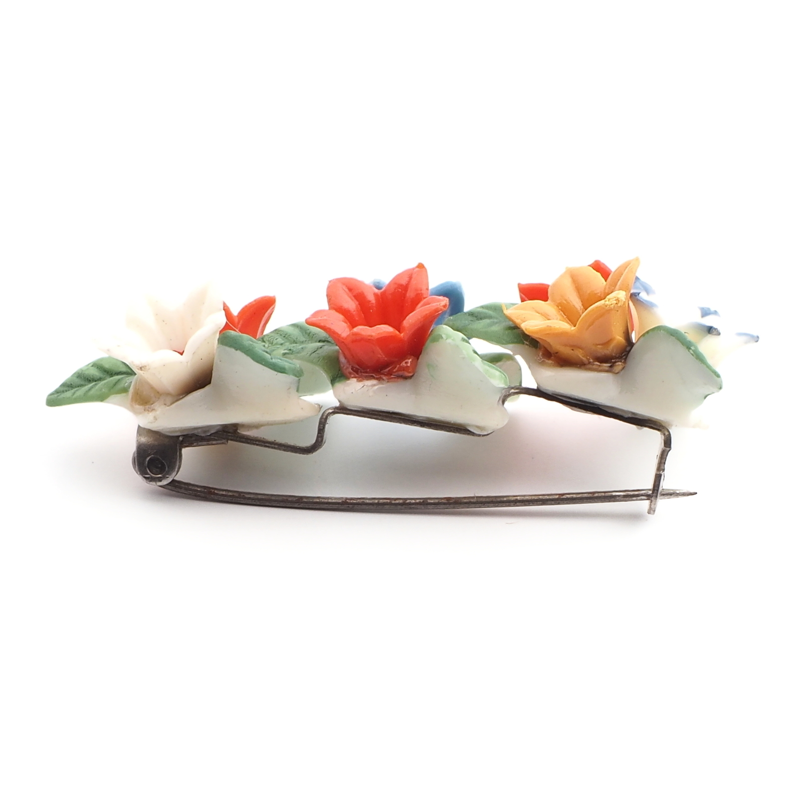 Vintage German Deco celluloid flowers and leaves pin brooch