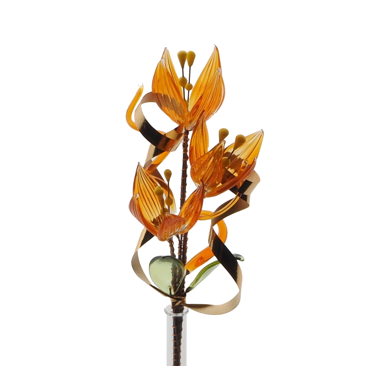 Czech lampwork glass bead orange amber flower stem vase ornament decoration