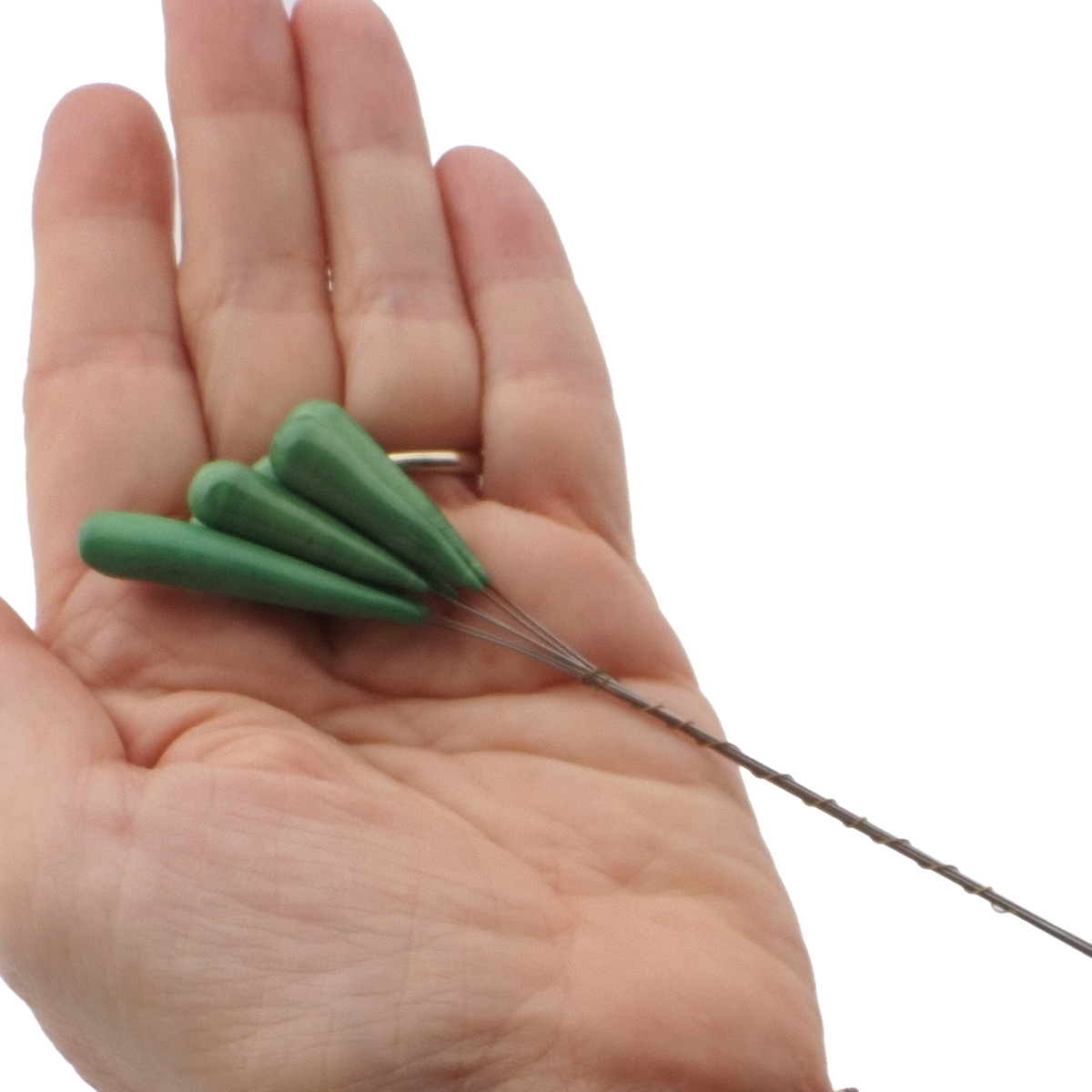 Lot (6) Czech lampwork glass green flower stamen headpin glass beads