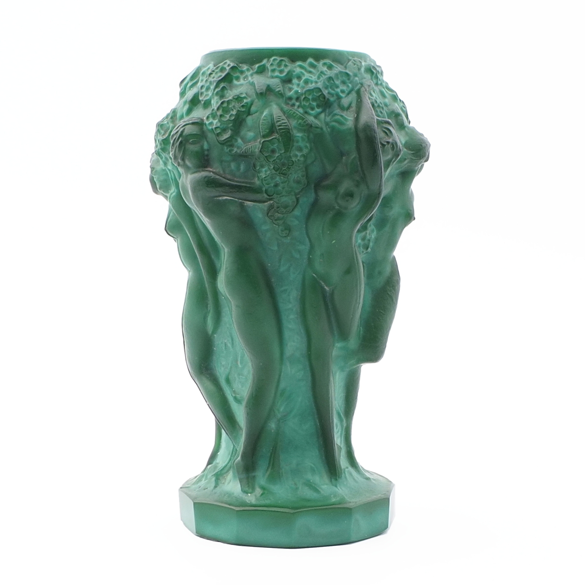 Vintage Czech Schlevogt Ingrid " Grape Harvest" nudes malachite green glass vase