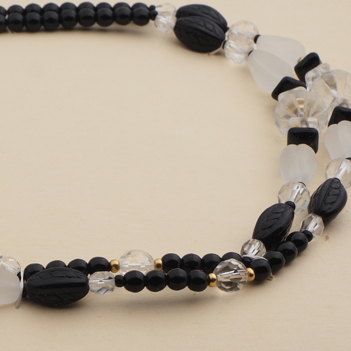 Vintage Czech necklace clear flower rondelle frost melon black glass beads