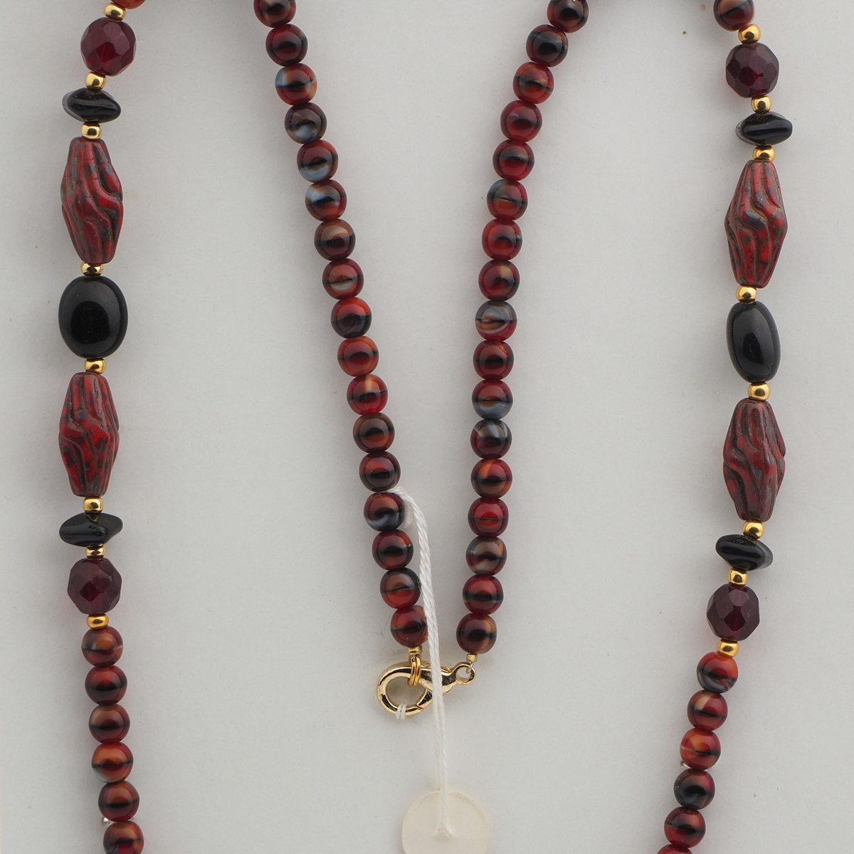 Vintage Czech necklace brown marbled faceted square bicone oval glass beads