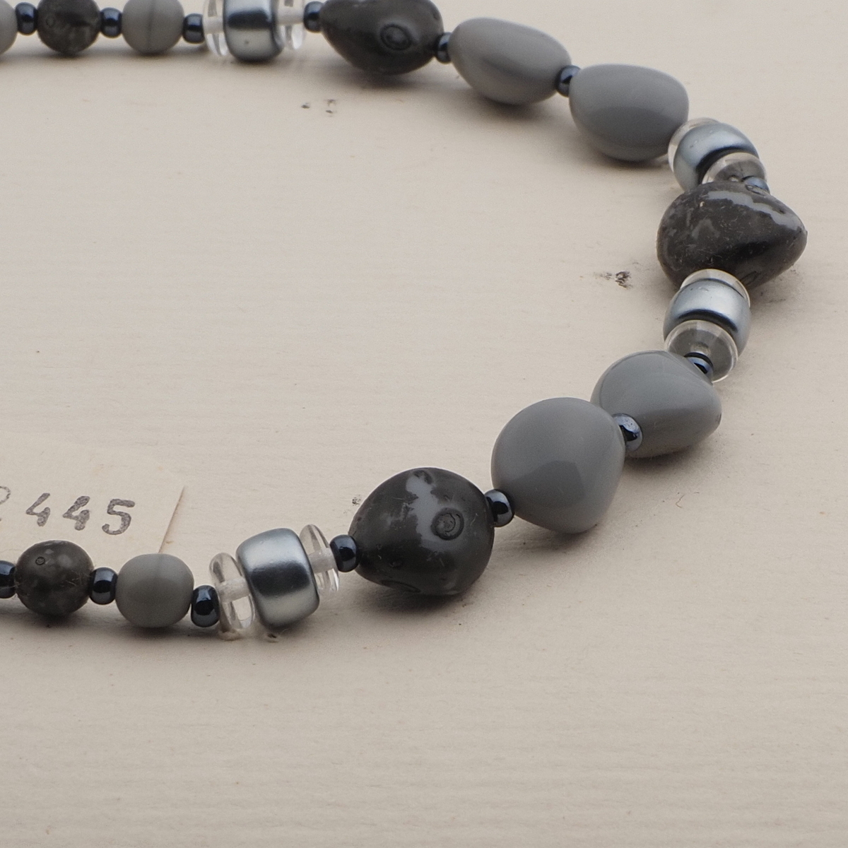 Vintage Czech necklace pink marble silver crystal glass beads 