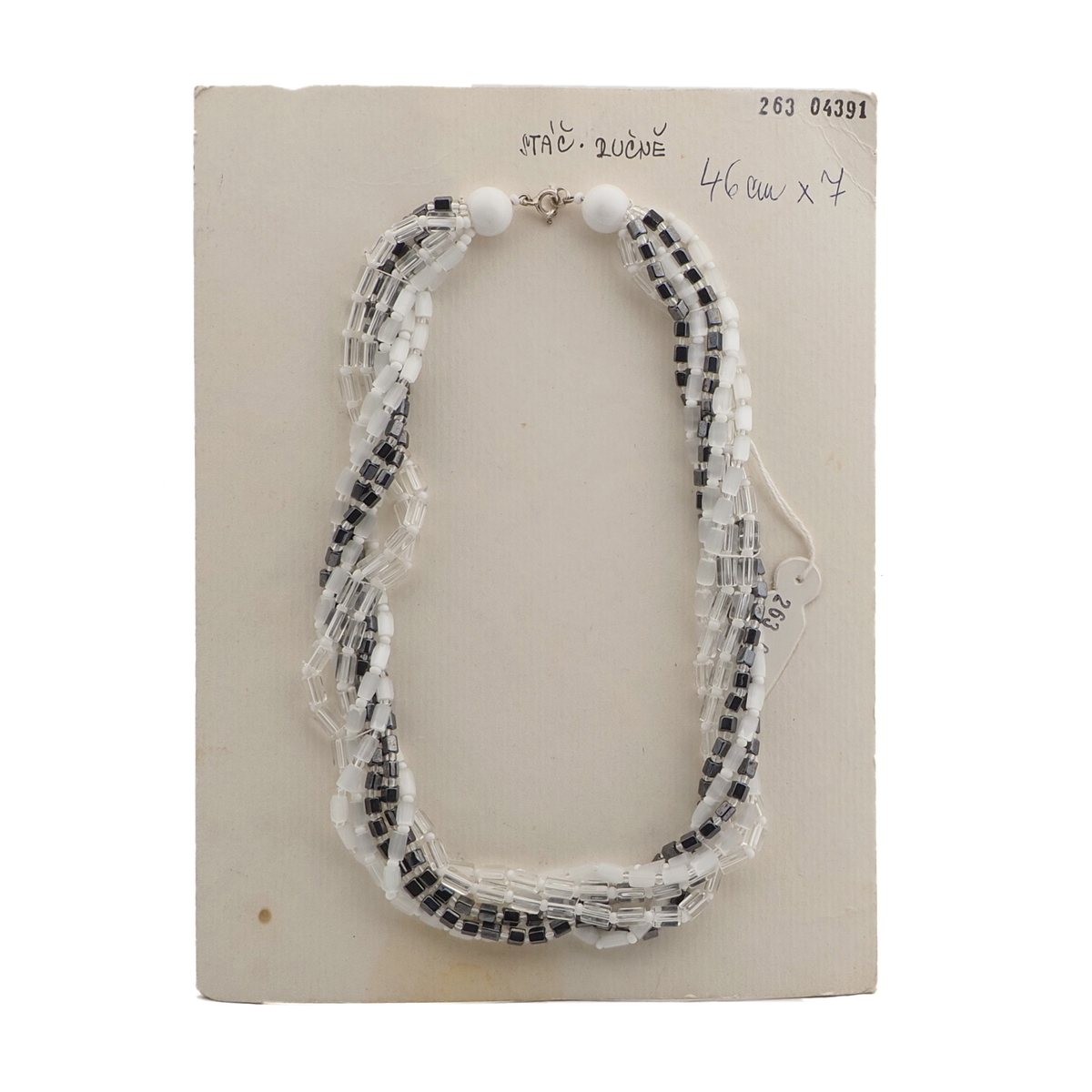Vintage Czech 7 strand necklace satin atlas clear hematite glass beads