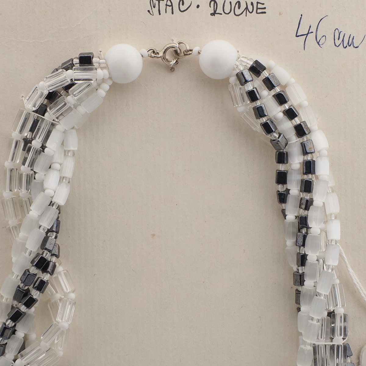 Vintage Czech 7 strand necklace satin atlas clear hematite glass beads