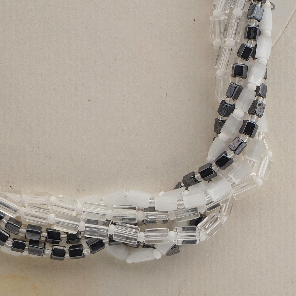 Vintage Czech 7 strand necklace satin atlas clear hematite glass beads