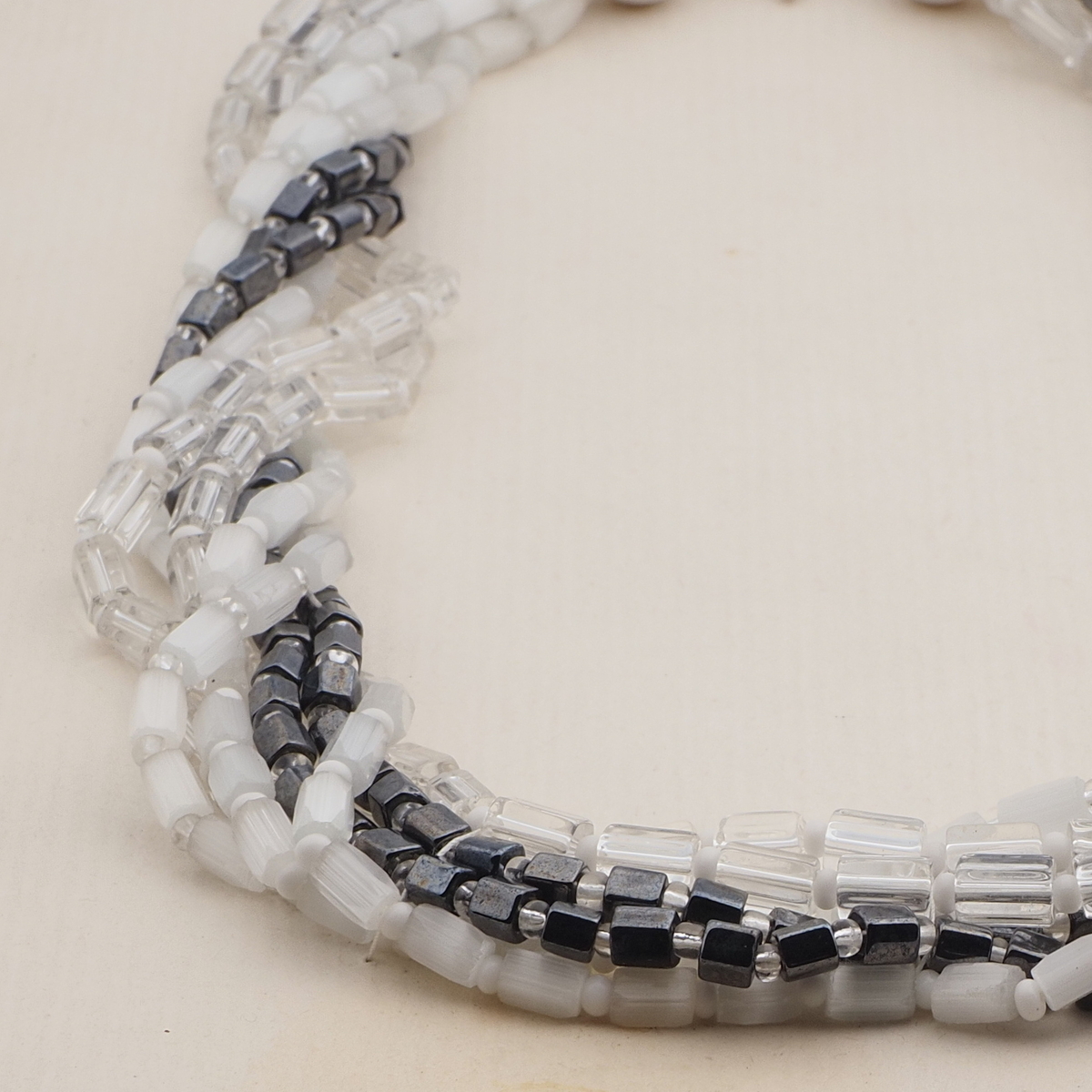 Vintage Czech 7 strand necklace satin atlas clear hematite glass beads