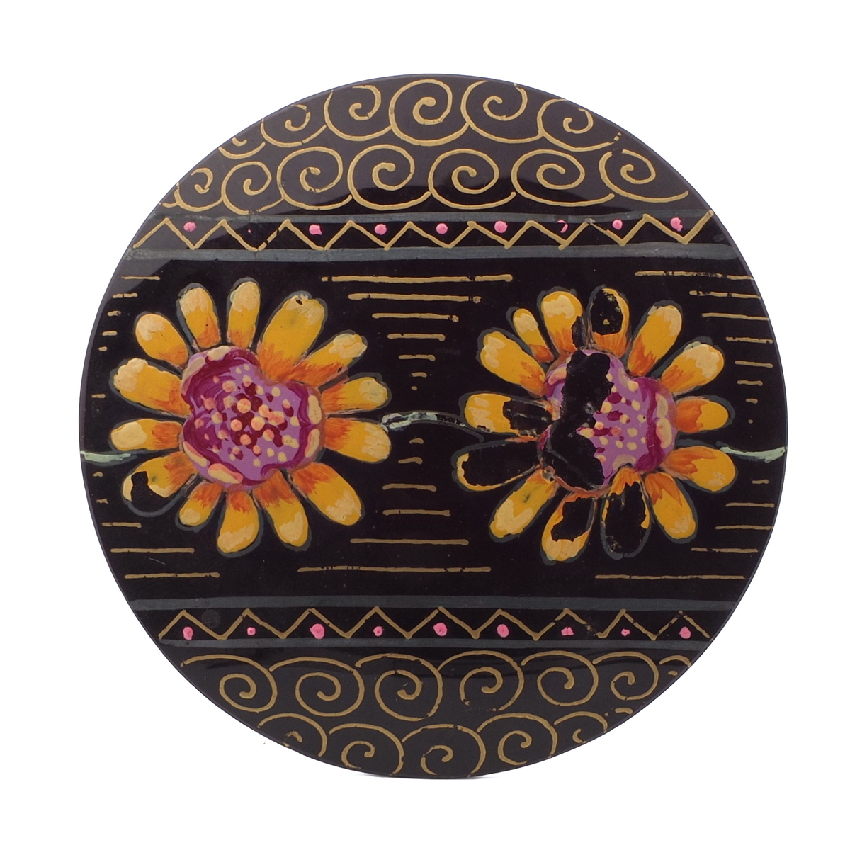 Antique Victorian gold gilt floral hand painted jet black glass jewelry element