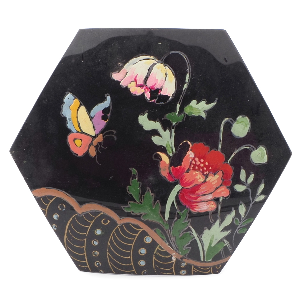 Antique Victorian poppy butterfly hand painted jet black glass hexagon jewelry element