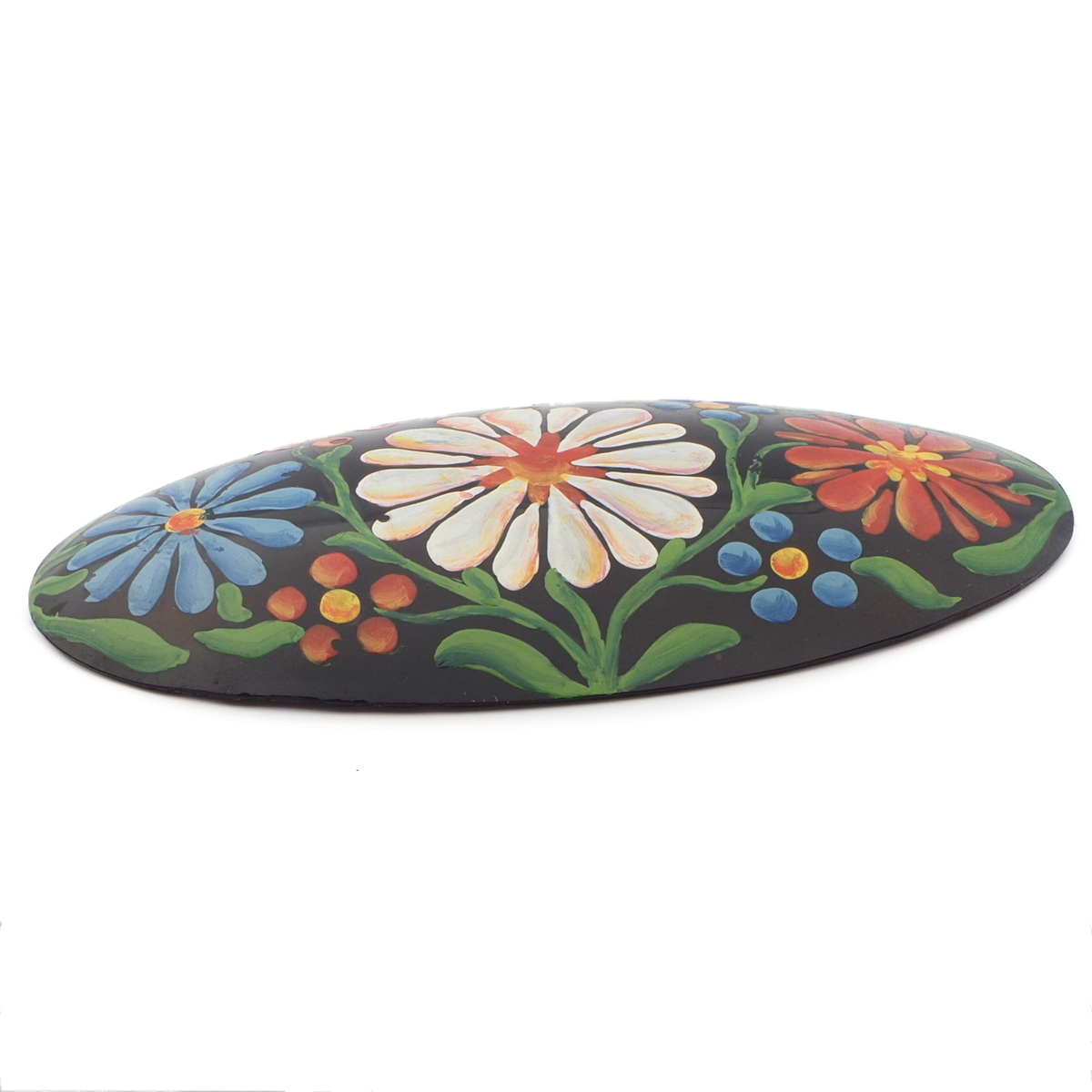 Victorian Czech Antique floral hand painted oval jet black glass jewelry element