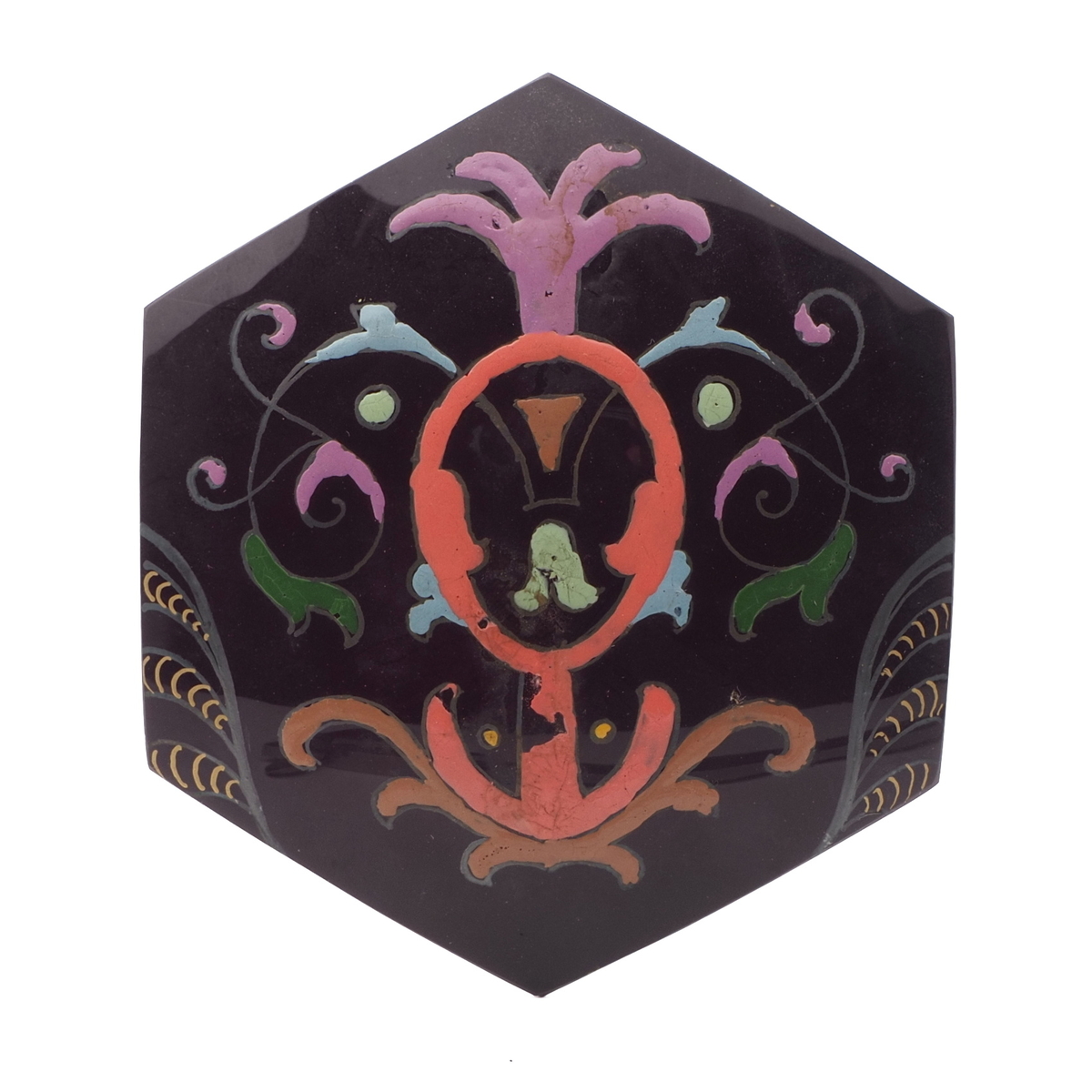 Antique Victorian floral scroll hand painted jet black glass hexagon jewelry element