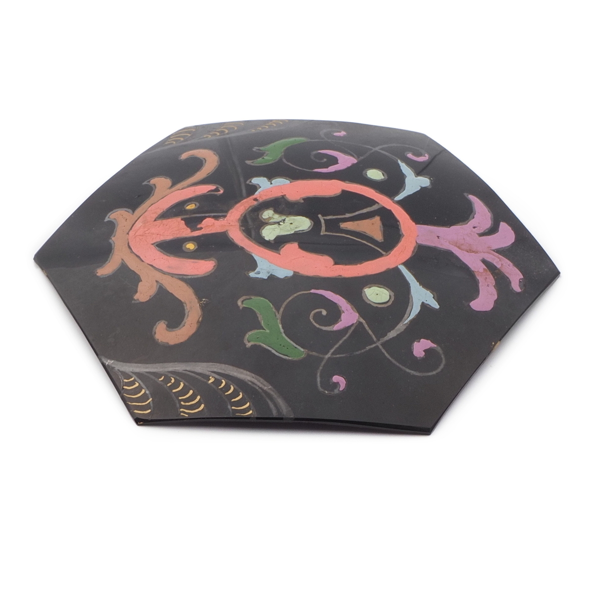 Antique Victorian floral scroll hand painted jet black glass hexagon jewelry element