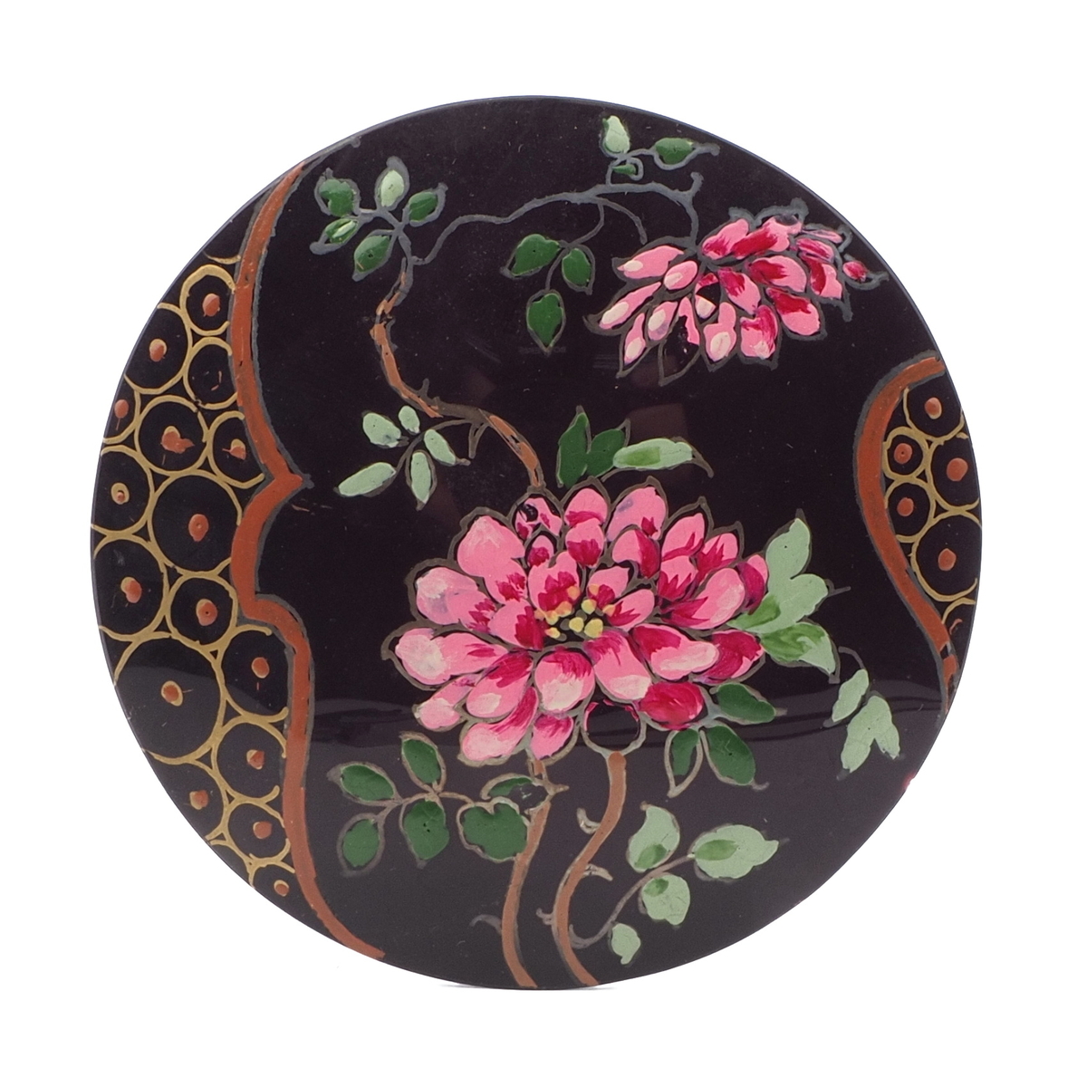 Antique Victorian peony flower hand painted gilt jet black glass jewelry element