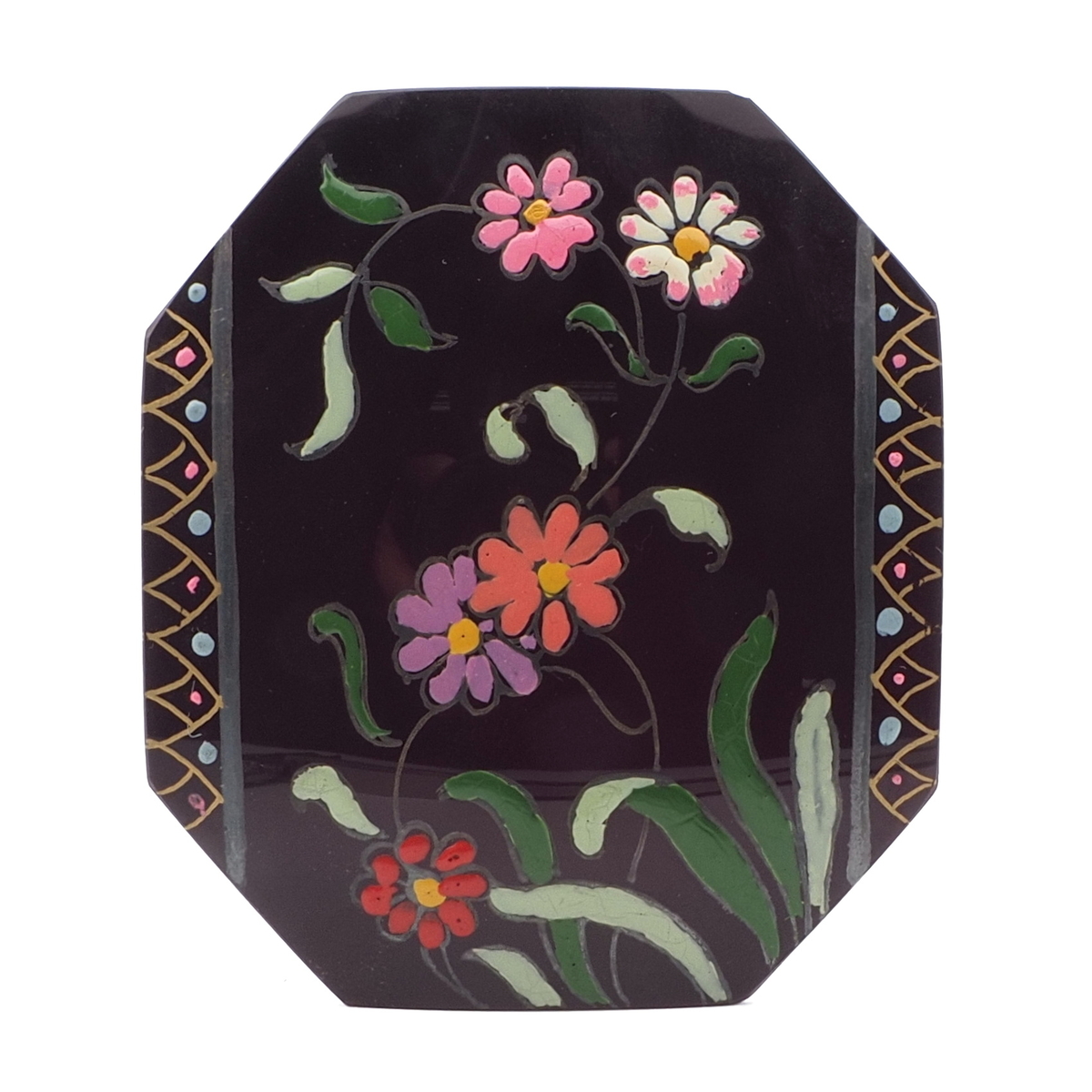 Antique Victorian daisy flower hand painted jet black glass jewelry element